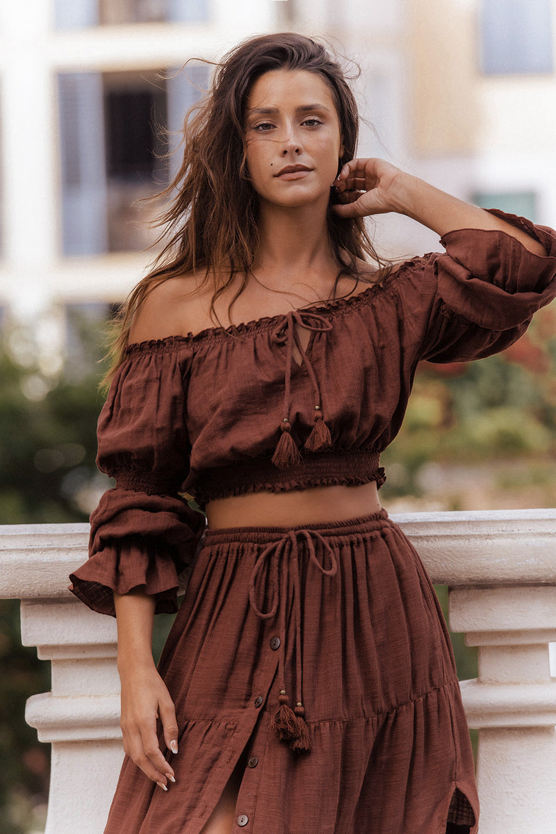Onyx Dream Boho Floral Print Long Sleeve Crop Top